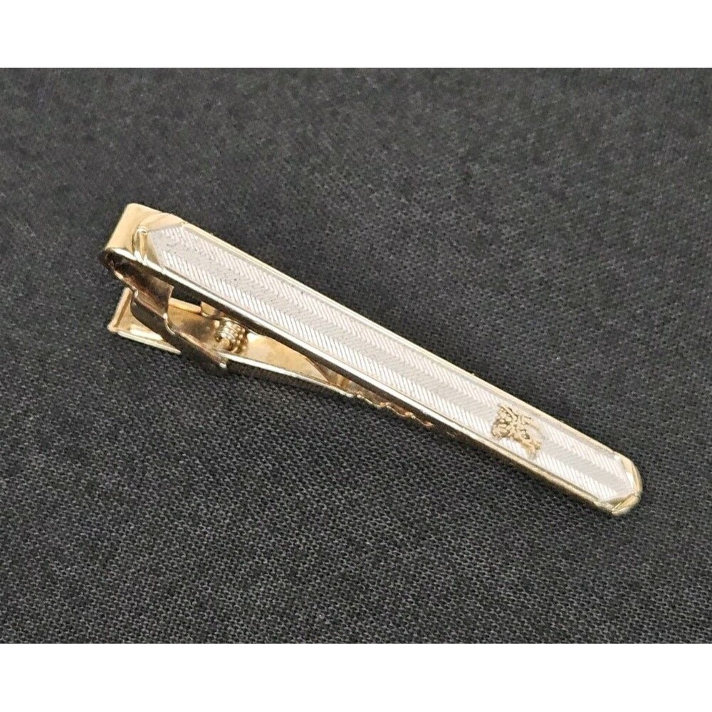 Burberrys Tie Bar Clip Silver 925 Gold Tone Horse Logo White Inlay